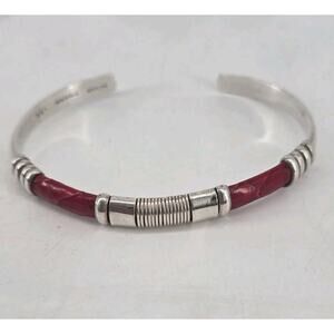Vintage Red Leather and Wire Wrap Sterling Silver Cuff Bracelet 925 Mexico 7"